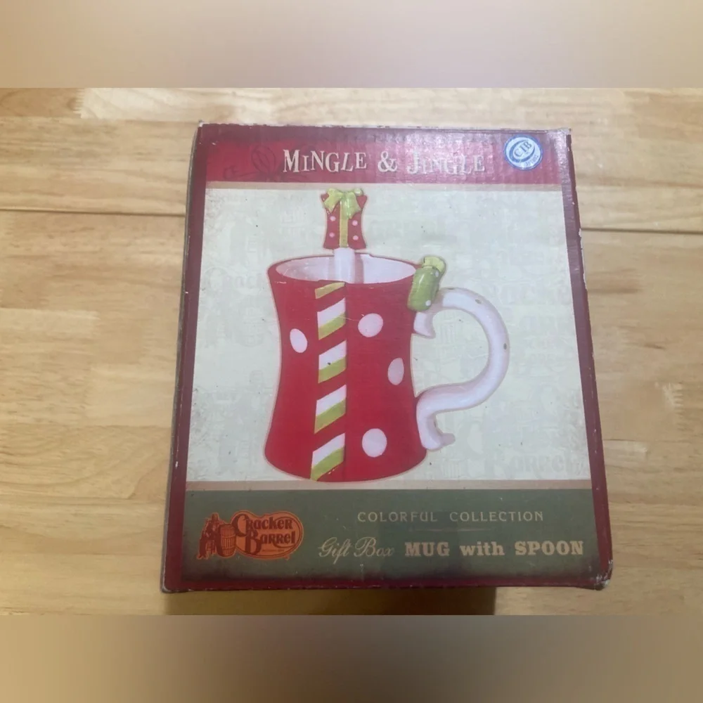Cracker Barrel Colorful Collection Mingle & Jingle Gift Box mug with a spoon